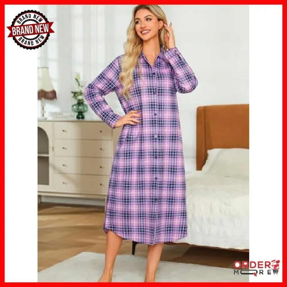 Long Flannel Nightgown Button Down Sleepshirt Women's Pajamas Dress